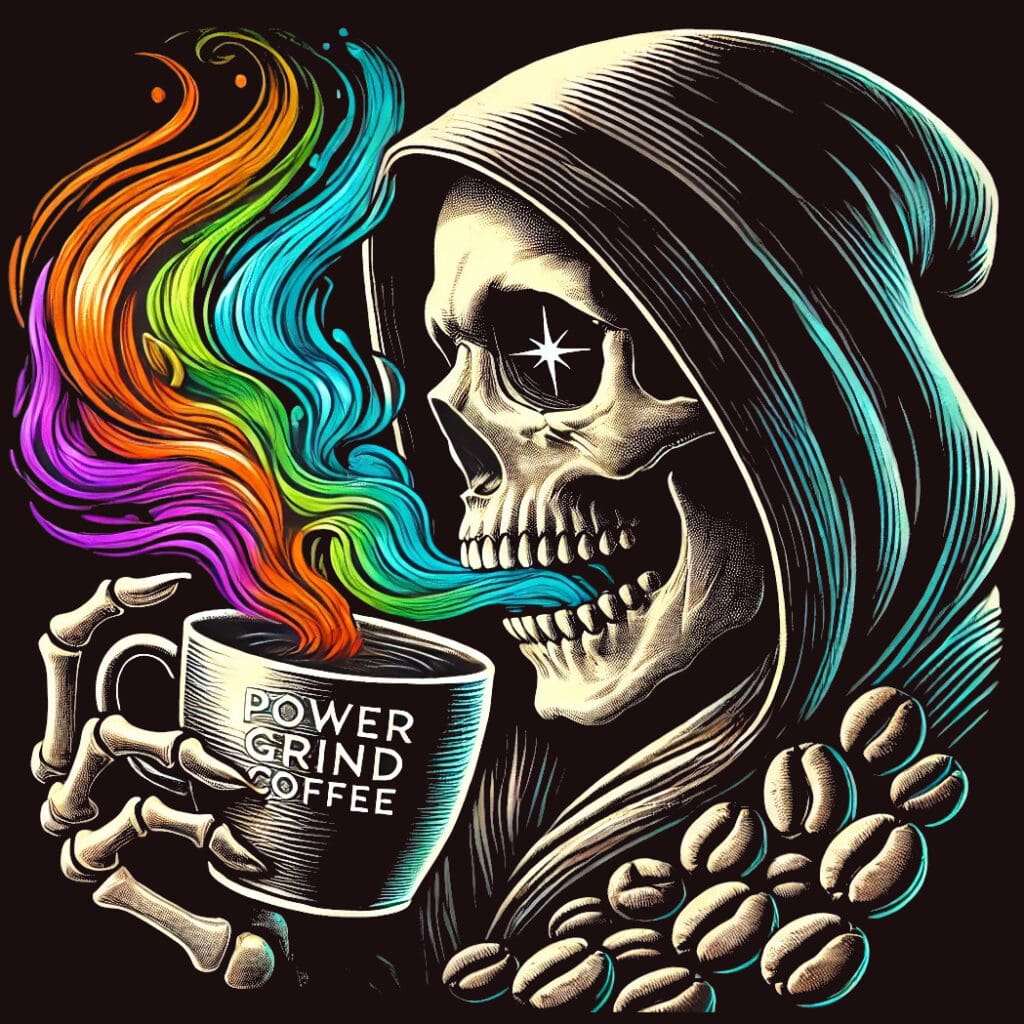 Featured 1-1 Image for Power Grind Coffee Featured Image of Skull Breathing in Life from a Hot Cup of Coffee